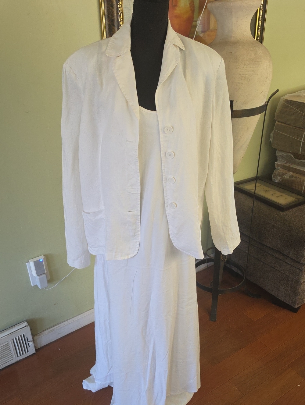 Vintage Spiegel White Linen Maxi Dress & Jacket Set Size 16